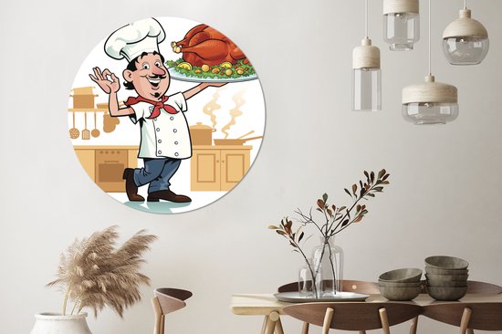 Une illustration d'un cuisinier avec un morceau de viande Cercle mural aluminium ⌀ 120 cm - tirage photo sur cercle mural / cercle vivant / cercle jardin (décoration murale) XXL / Groot format!