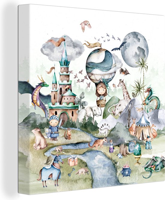 Toile - Enfants - Chambre d'enfants - Kasteel - Ridder - Dragon - Animaux - Montgolfière - Peinture sur toile - Peintures sur toile - 50x50 cm