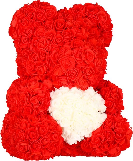 Rozen Beer Rood met wit Hart 30 cm | Rozenbeer liefdes Teddybeer XXL voor jou geliefde | Rose Bear Knuffelbeer | Groot I Love You knuffel beertje met hartje | Cadeau Rozen teddy