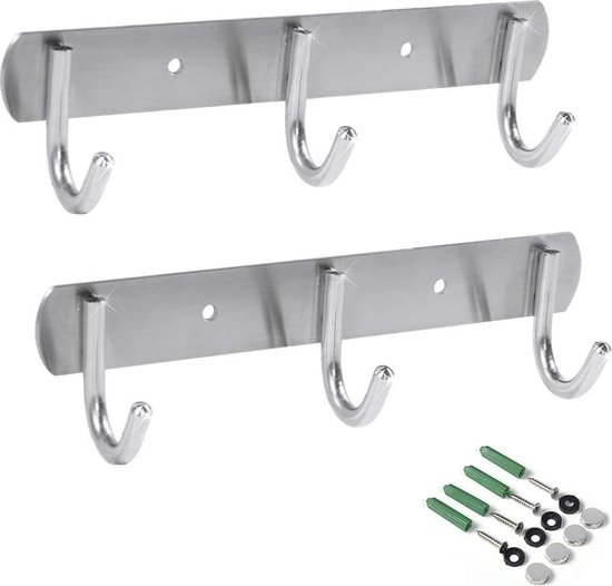 Wandgemonteerde kapstok met 3 kapstokken, modern roestvrij staal over de deur houder...