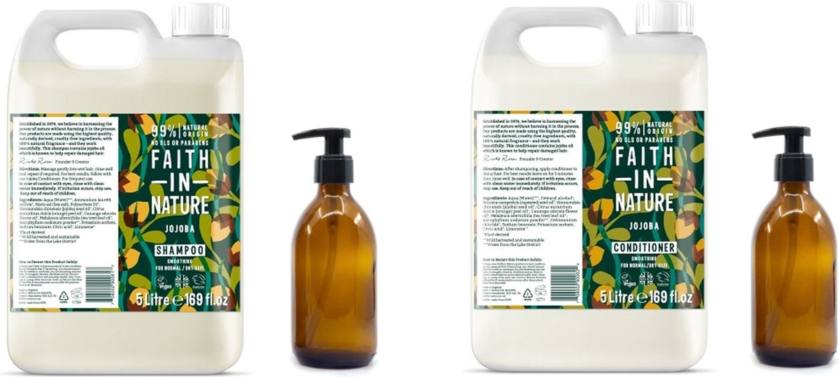 FAITH IN NATURE - Shampoo & Conditioner Jojoba Refill - 2 x 5 Liter= 10 liter - nu met 2 Gratis glazen refill flessen 500ml