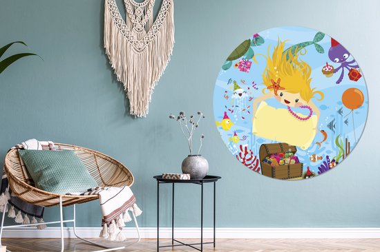 WallCircle - Wall Circle - Wall Circle - Illustration d'une Sirène avec un Coffre au Trésor - Aluminium - Dibond - 120x120 cm - Intérieur et Extérieur XXL