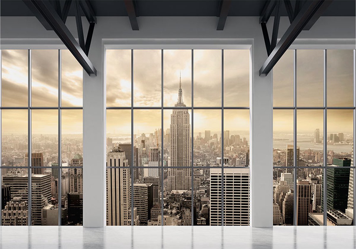 Fotobehangkoning - Behang - Vliesbehang - Fotobehang Uitzicht op New York vanuit het Raam 3D - Clouds over New York City - 400 x 280 cm