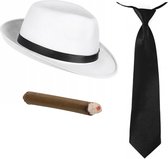 Smiffys - Gangster/Maffia verkleed set hoed Al Capone wit met zwarte stropdas en vette sigaar