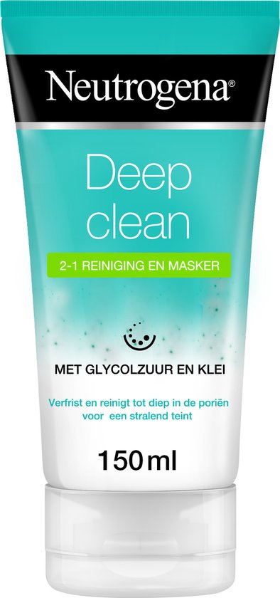Neutrogena® Deep Clean 2-1 nettoyage et masque pour le visage, masque à l'argile, nettoyage du visage et masque rafraîchissant à l'acide glycolique et à l'argile, convient à tous les types de peau, 1 x 150 ml