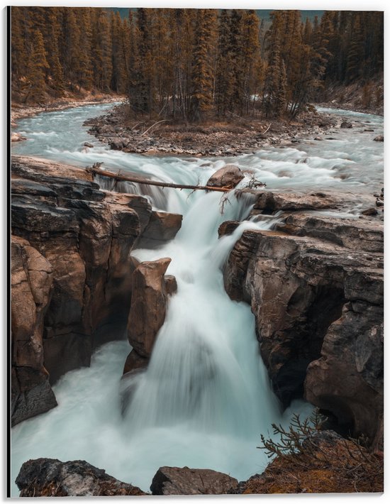 WallClassics - Dibond - Kleine Waterval bij Rotsen omringd door Bomen - 30x40 cm Foto op Aluminium (Wanddecoratie van metaal)