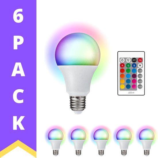 6PACK LED Lampen met afstandsbediening - 16 kleuren + wit - Dimbaar - Grote  E27 fitting | bol.com