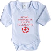 La Petite Couronne Romper Lange Mouw "ssssstt Mama en ik kijken Feyenoord" Unisex Katoen Wit/rood Maat 56