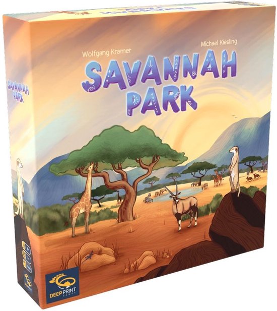 Doos van het bordspel 'Savannah Park' met afbeelding van giraf, oryx en stokstaartje in savanne bij zonsondergang.