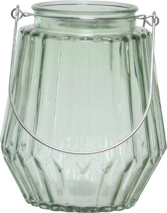 Decoris Waxinelichthouder - ruitjes glas - mistgroen - metalen handvat - 11 x 13 cm