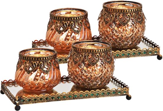 Lampe à vent design en Verres / bougeoir 2x pièces en or champagne 20 x 9 x 10 cm