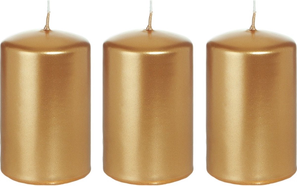Trend Candles Cilinderkaars/stompkaars - 3x - goud - 5 x 8 cm - 18 branduren - horeca kaarsen Goudkleurig