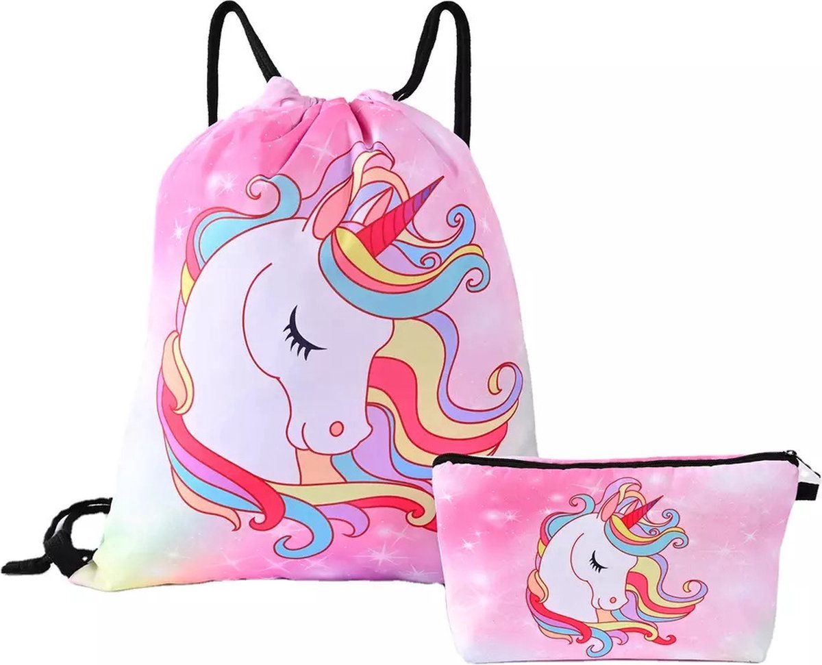 Meisjes Gymtas Unicorn + Etui - Sporttas met Rijgkoord - Regenboog Manen - 4-12 jaar