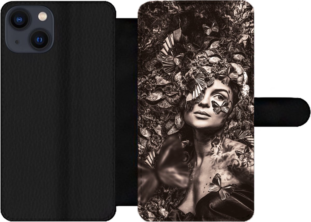 Telefoonhoesje Geschikt voor iPhone 13 telefoonhoesje - Vrouw - Dieren - Planten - Met vakjes - Wallet case met magneetsluiting