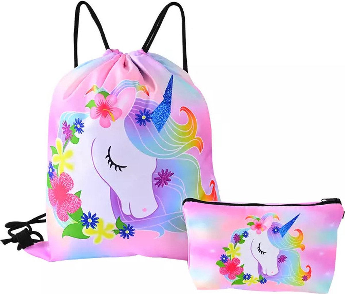 Meisjes Gymtas Unicorn + Etui - Sporttas met Rijgkoord - Bloemetjes - 4-12 jaar