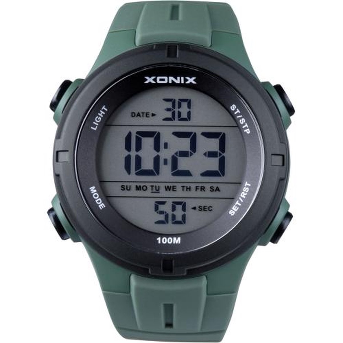 Xonix DAX-002 - Horloge - Digitaal - Heren - Mannen - Rond - Siliconen band - ABS - Cijfers - Achtergrondverlichting - Alarm - Start-Stop - Chronograaf - Tweede tijdzone - Waterdicht - 10ATM - Groen - Zwart