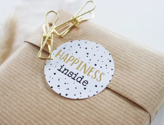 Cadeaustickers Happiness Inside met Goudfolie - 15 Luxe Sluitzegels - Sluitzegel Stickers - 35 mm Stickers - Hoge Kwaliteit Stickers - Sluitzegels - Kadostickers - Sticker Cadeautje - Cadeautje Mooi Inpakken - Envelopstickers - Kadootjes Inpakken
