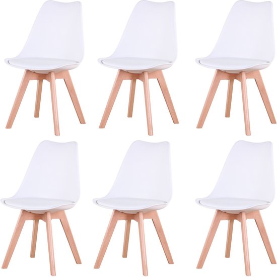 Eetkamerstoelen - 6 Stuks - Set van 6 - Houten poten - Stoelen - Eetkamerstoel - Wit - Met Kussentje