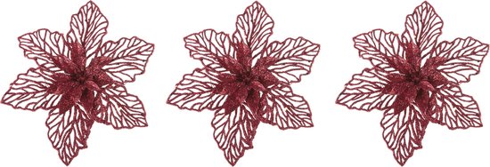 4x stuks decoratie bloemen kerststerren rood glitter op clip 17 cm - Decoratiebloemen/kerstboomversiering/kerstversiering