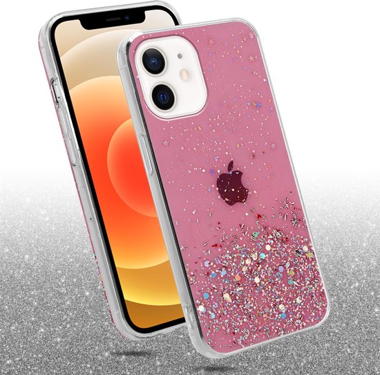 Roze iPhone 12 MINI hoesje met glitters, zwevend.
