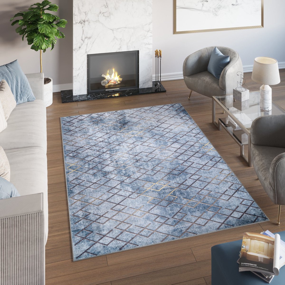 Tapiso Toscana Vloerkleed Geometrisch Blauw Gouden Tapijt Maat- 120x170 Blauw Gouden 2