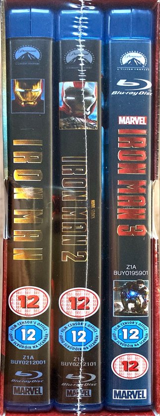 Zijkant van de Iron Man 1-3 Blu-ray collectie met de titels 'Iron Man', 'Iron Man 2' en 'Iron Man 3' op de ruggen.