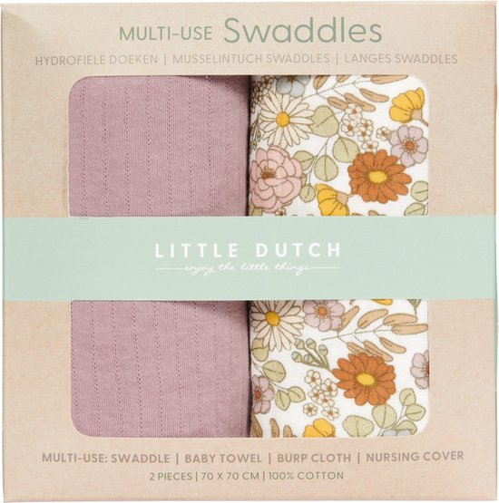 Product: Little Dutch - Swaddle doeken 70 x 70 Vintage Little Flowers / Pure Mauve, van het merk Little Dutch