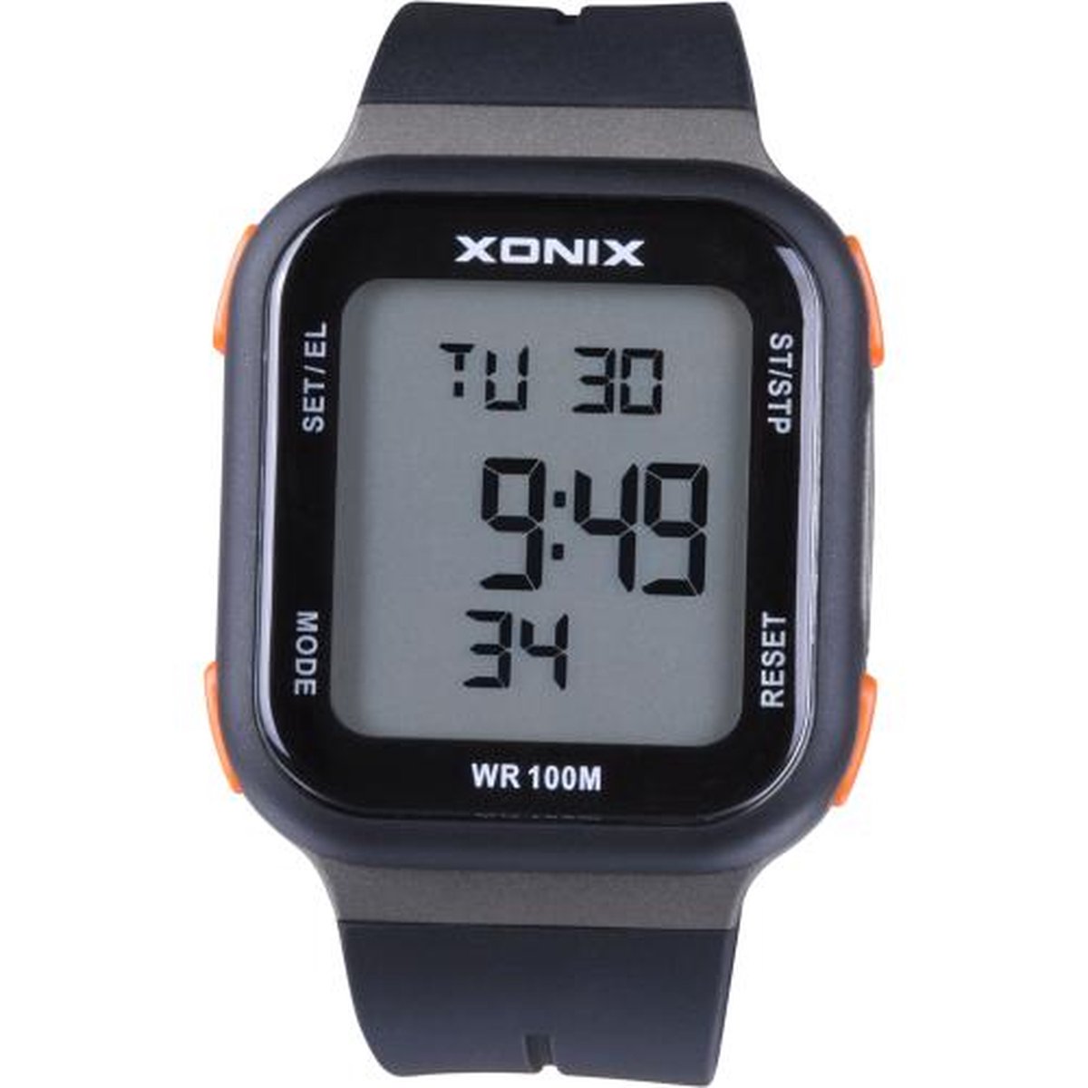 Xonix ZAA-004 - Horloge - Digitaal - Heren - Mannen - Rechthoek - Siliconen band - ABS - Cijfers - Achtergrondverlichting - Stappenteller - Temperatuur - Alarm - Start-Stop - Chronograaf - Waterdicht - 10 ATM - Zwart - Grijs - Oranje