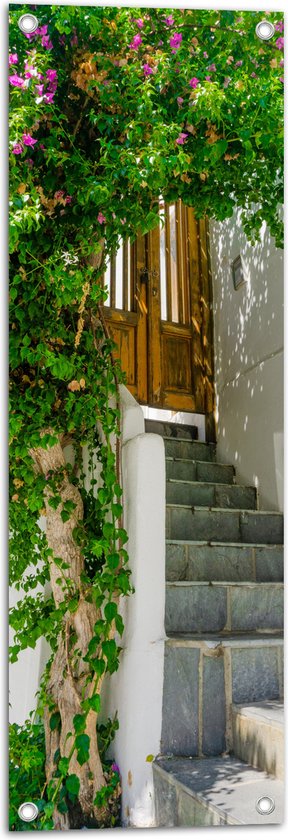 WallClassics - Tuinposter – Boog van Bloemen - 30x90 cm Foto op Tuinposter  (wanddecoratie voor buiten en binnen)