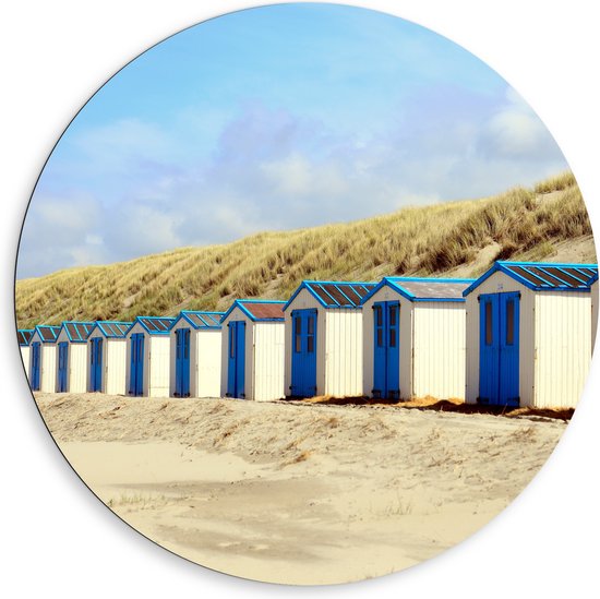 WallClassics - Dibond Muurcirkel - Blauw met Witte Strandhuisjes - 80x80 cm Foto op Aluminium Muurcirkel (met ophangsysteem)