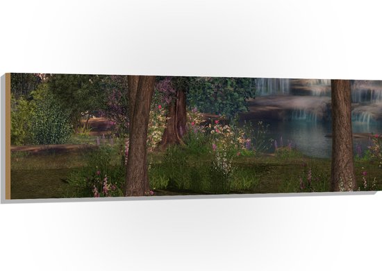 WallClassics - Hout - Bloemen en Bomen bij Waterval - 150x50 cm - 12 mm dik - Foto op Hout (Met Ophangsysteem)