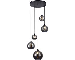 Hanglamp Smoking Glass - 5-lichts - Smoke Glas - 5 bollen - Ø plaat 35cm - Rookglas