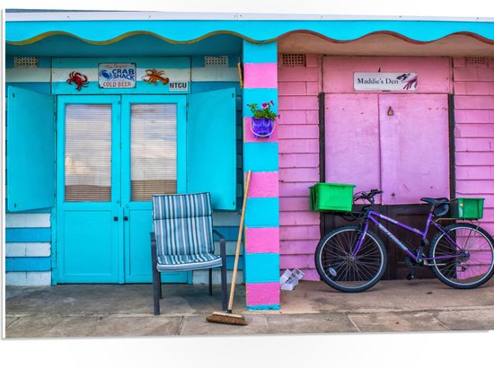 WallClassics - PVC Schuimplaat- Blauw en Roze Strandhuisjes - 75x50 cm Foto op PVC Schuimplaat