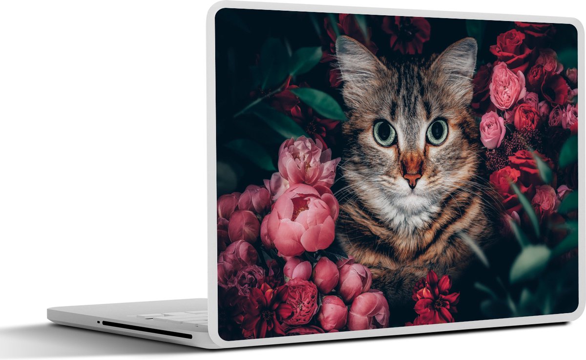 Laptop sticker - 15.6 inch - Kat - Bloemen - Bladeren - Botanisch - 36x27,5cm - Laptopstickers - Laptop skin - Cover