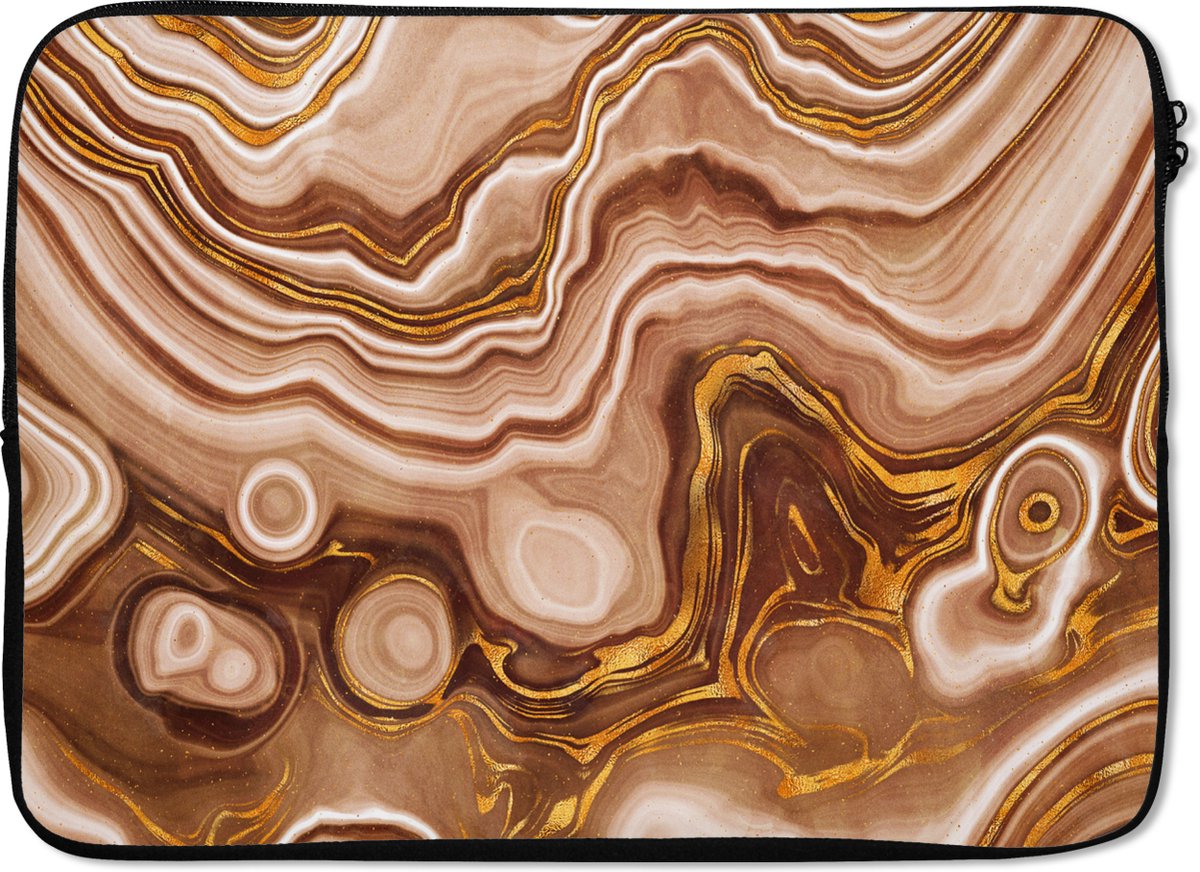 Laptophoes 13 inch - Goud - Agaat geode - Stenen - Bruin - Laptop sleeve - Binnenmaat 32x22,5 cm - Zwarte achterkant