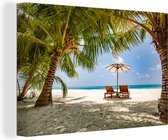 Chaises longues entre palmiers sur une plage de Bali 90x60 cm - Tirage photo sur toile (Décoration murale salon / chambre)