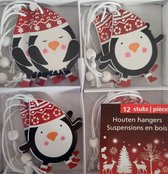 12 Houten kersthangers voor in de kerstboom - pinquin en sneeuwster hangers wit sneeuwvlok