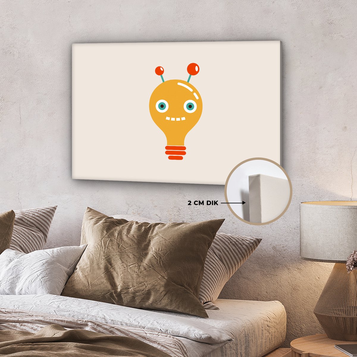 Canvas schilderij 90x60 cm - Wanddecoratie Robot - Gloeilamp - Gezicht - Antenne - Kindere