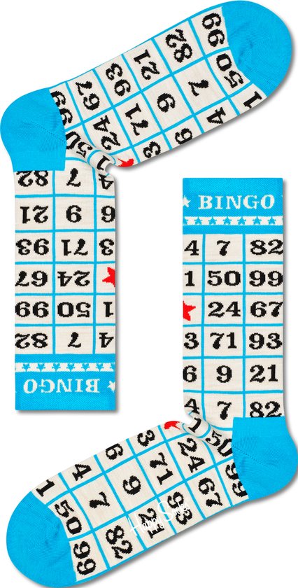 Happy Socks met blauwe boorden en bingokaart-opdruk met nummers.