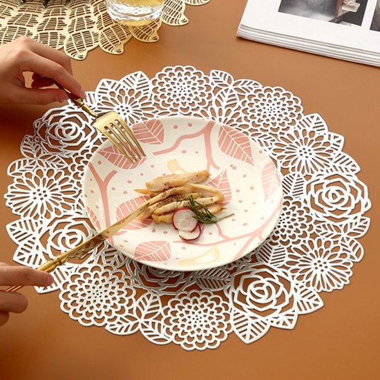 fanquare Gouden Glitter Leaf Placemats 50 x 30 cm Set van 6, geperste PVC metalen tafelmatten, moderne placemats voor eettafel, vakantie, feest, bruiloft, antislip