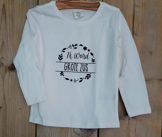 Grote zus shirt wit – Lange mouw – Maat 86/92 – Aankondiging – Biologisch katoen - Big sister shirt - zwangerschap aankondiging