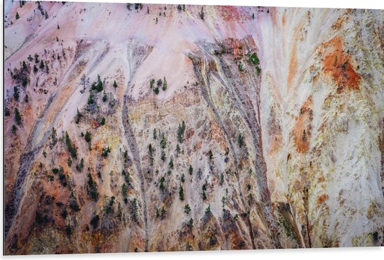 WallClassics - Dibond - Bovenaanzicht van Beige Bergen met Bomen - 105x70 cm Foto op Aluminium (Wanddecoratie van metaal)