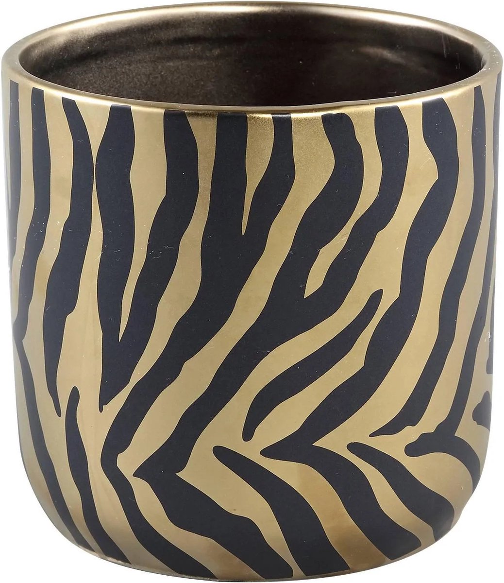 PTMD Tirza Bloempot Rond - H20 x Ø13 cm - Keramiek - Goud / Zwart