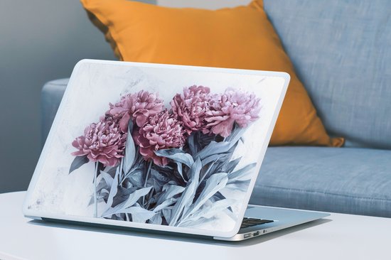 Laptop sticker - 17.3 inch - Roze pioenrozen op marmer - 40x30cm - Laptopstickers - Laptop skin - Cover