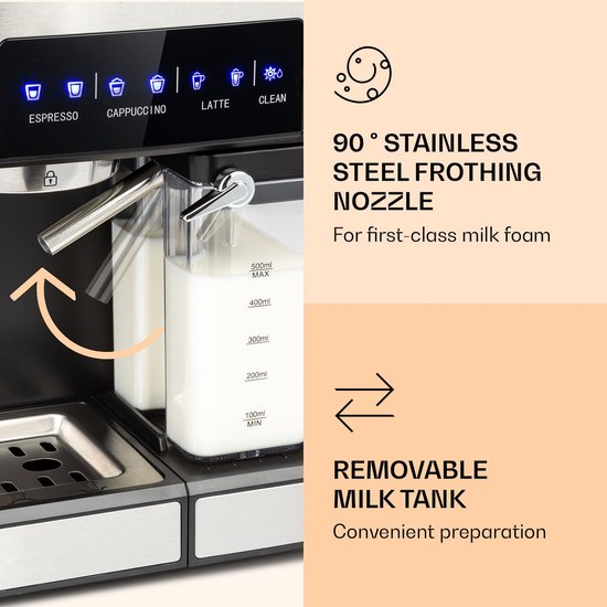 Klarstein Koffiemachine Espresso Pistonmachine met Melkopschuimer, 1,8 L Mini Espressomachine met Piston, 20 Bar RVS Compact, Melkreservoir, 1350 W Koffiemachine voor Gemalen Koffie - Stoompijpje Touch LED - Coffee Machine
