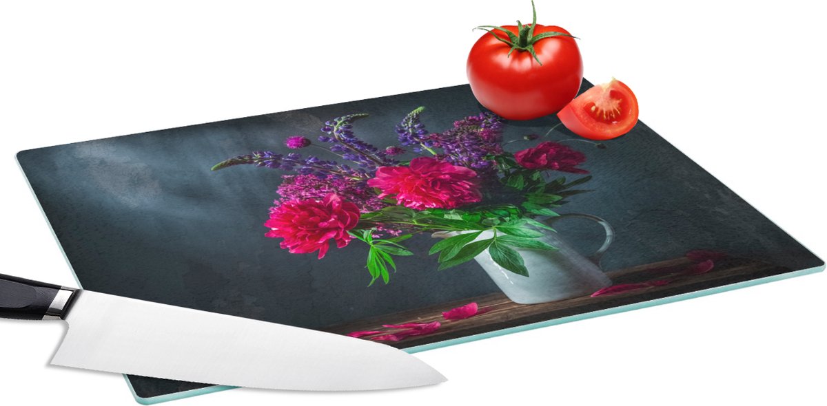 Glazen Snijplank - 39x28 - Kleuren - Pioenroos - Stilleven - Snijplanken Glas
