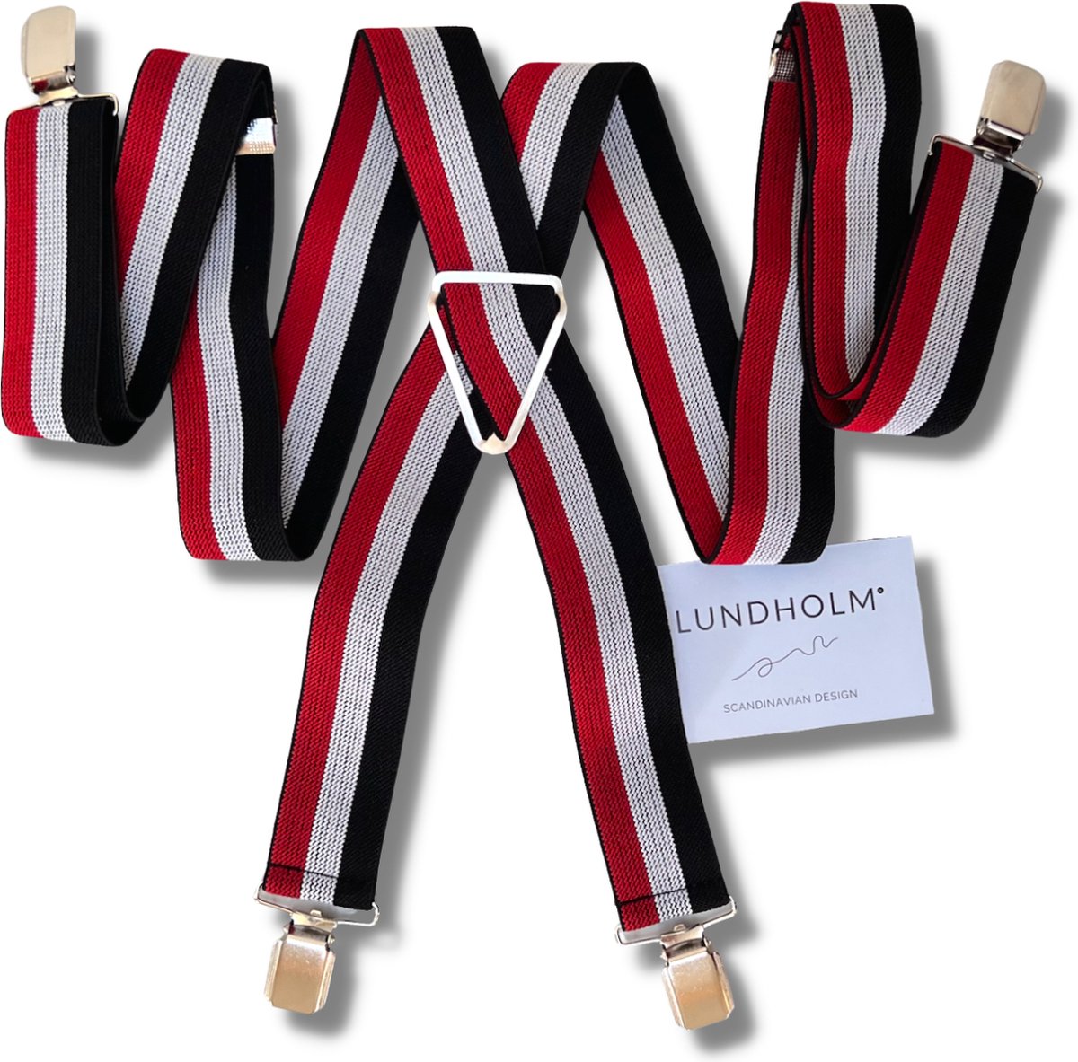 Lundholm Bretels heren volwassenen rood wit zwart gestreept 4 clips - extra stevig hoge kwaliteit en verstelbaar - Scandinavisch design - mannen cadeautjes tip | Lundholm Bastad serie