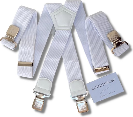 Lundholm Bretels heren volwassenen wit patroon 4 clips - extra stevig hoge kwaliteit - Scandinavisch design - mannen cadeautjes tip | Lundholm Bastad serie