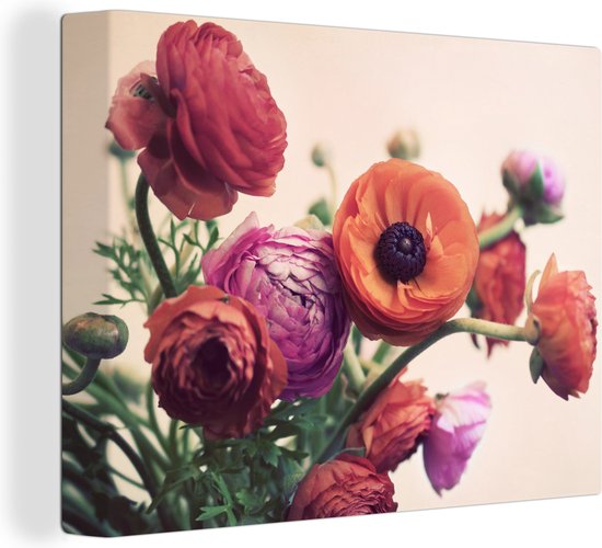 Roze en oranje boterbloemen Canvas 40x30 cm - klein - Foto print op Canvas schilderij (Wanddecoratie woonkamer / slaapkamer)