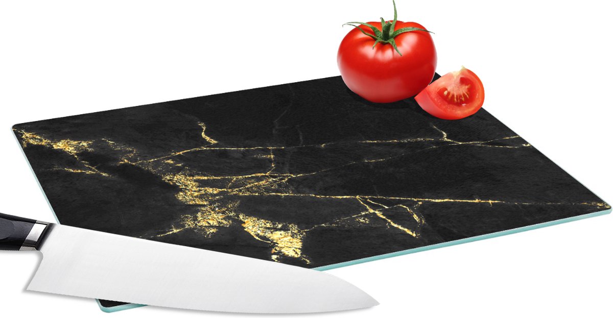Glazen Snijplank - 28x20 - Marmer - Zwart - Goud - Luxe - Snijplanken Glas
